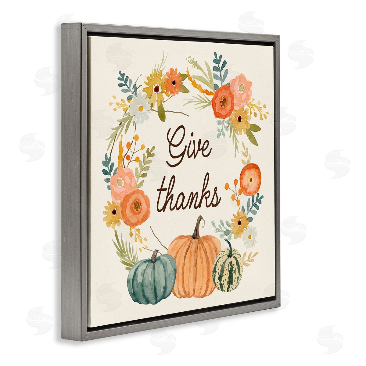 Victoria Barnes Give Thanks Sentiments Orange Floral Pumpkin Wreath Gray Floating Frame Canvas Wall Art Print