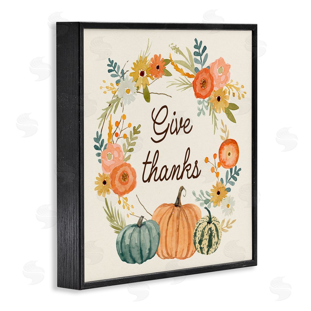 Victoria Barnes Give Thanks Sentiments Orange Floral Pumpkin Wreath Black Framed Glicee Wall Art Print