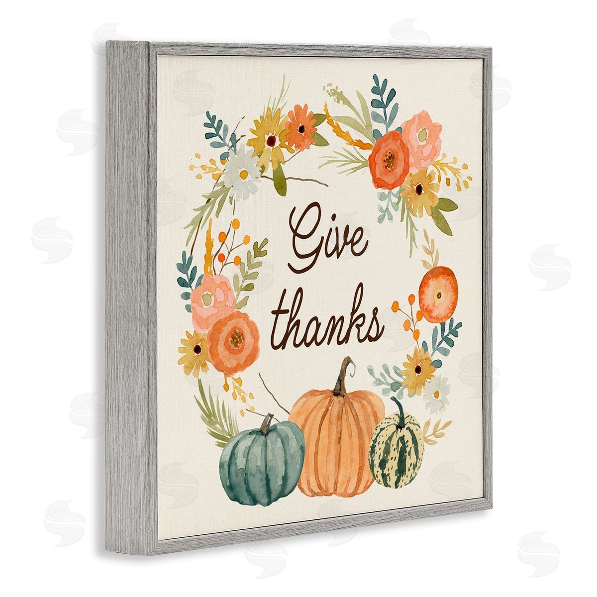 Victoria Barnes Give Thanks Sentiments Orange Floral Pumpkin Wreath Gray Framed Glicee Wall Art Print
