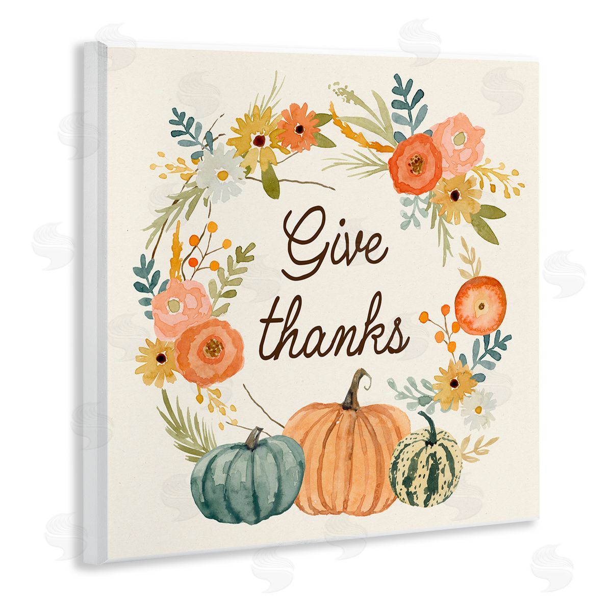 Victoria Barnes Give Thanks Sentiments Orange Floral Pumpkin Wreath Wooden Wall Plaque Art Print