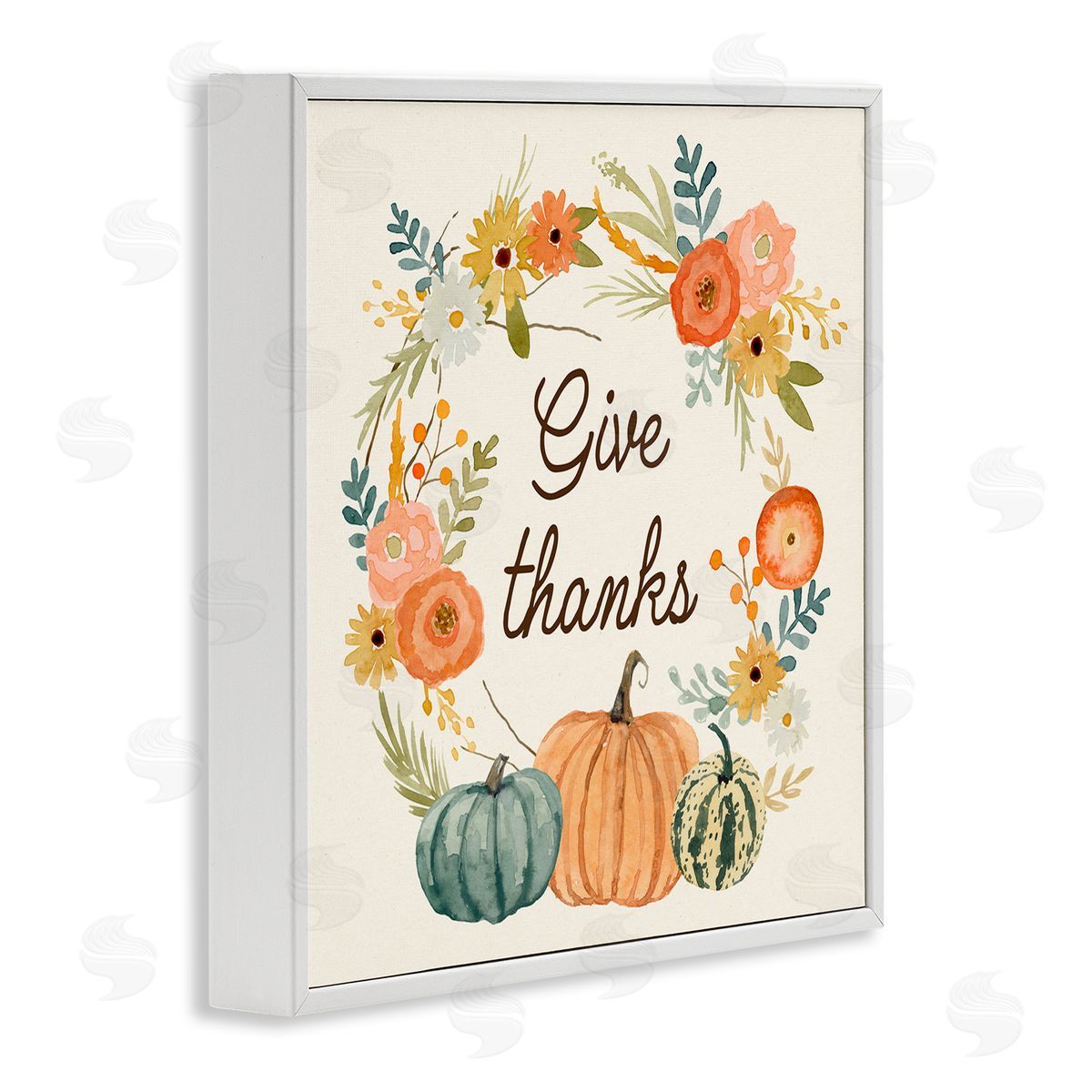 Victoria Barnes Give Thanks Sentiments Orange Floral Pumpkin Wreath White Framed Glicee Wall Art Print