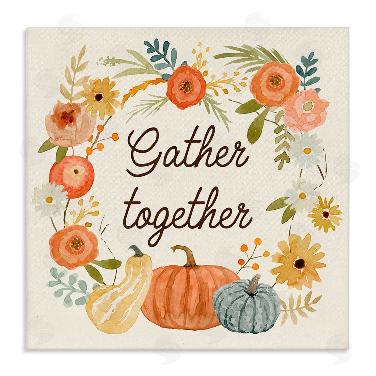 Victoria Barnes Gather Together Phrase Orange Floral Wreath Pumpkin Gourd Stretched Canvas Wall Art Print