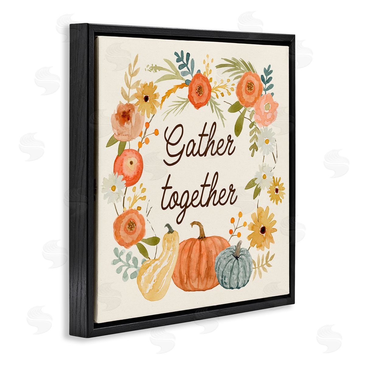 Victoria Barnes Gather Together Phrase Orange Floral Wreath Pumpkin Gourd Black Floating Frame Canvas Wall Art Print