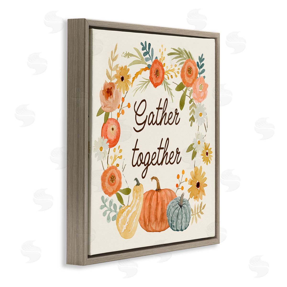 Victoria Barnes Gather Together Phrase Orange Floral Wreath Pumpkin Gourd Brown Floating Frame Canvas Wall Art Print