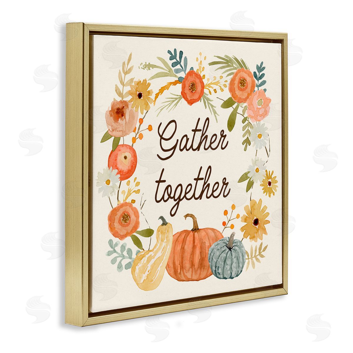 Victoria Barnes Gather Together Phrase Orange Floral Wreath Pumpkin Gourd Gold Floating Frame Canvas Wall Art Print