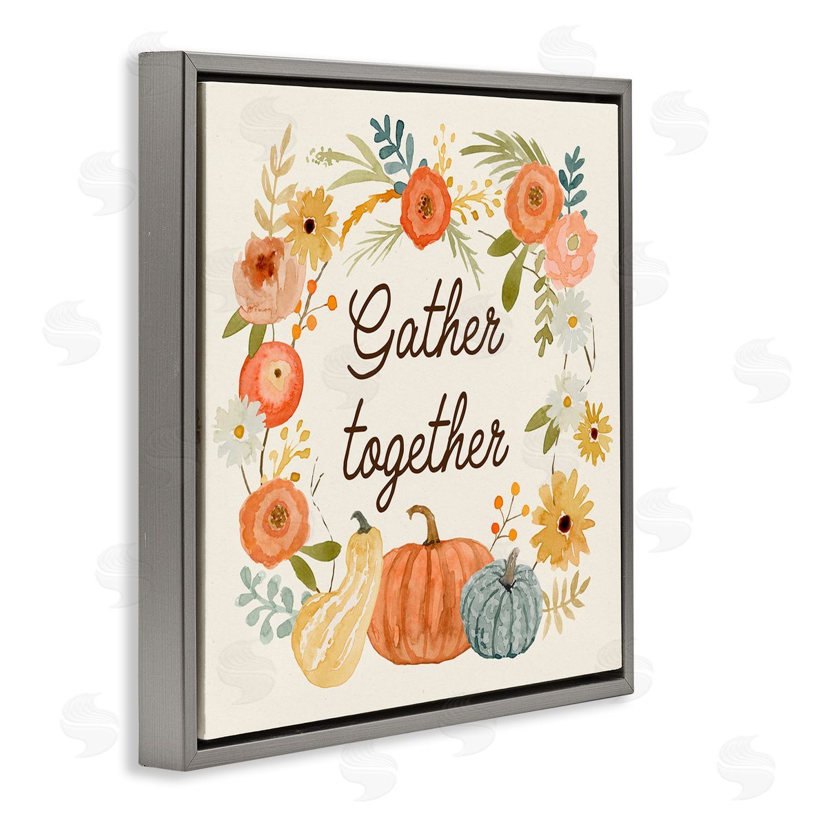 Victoria Barnes Gather Together Phrase Orange Floral Wreath Pumpkin Gourd Gray Floating Frame Canvas Wall Art Print