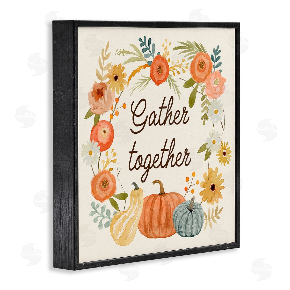 Victoria Barnes Gather Together Phrase Orange Floral Wreath Pumpkin Gourd Black Framed Glicee Wall Art Print