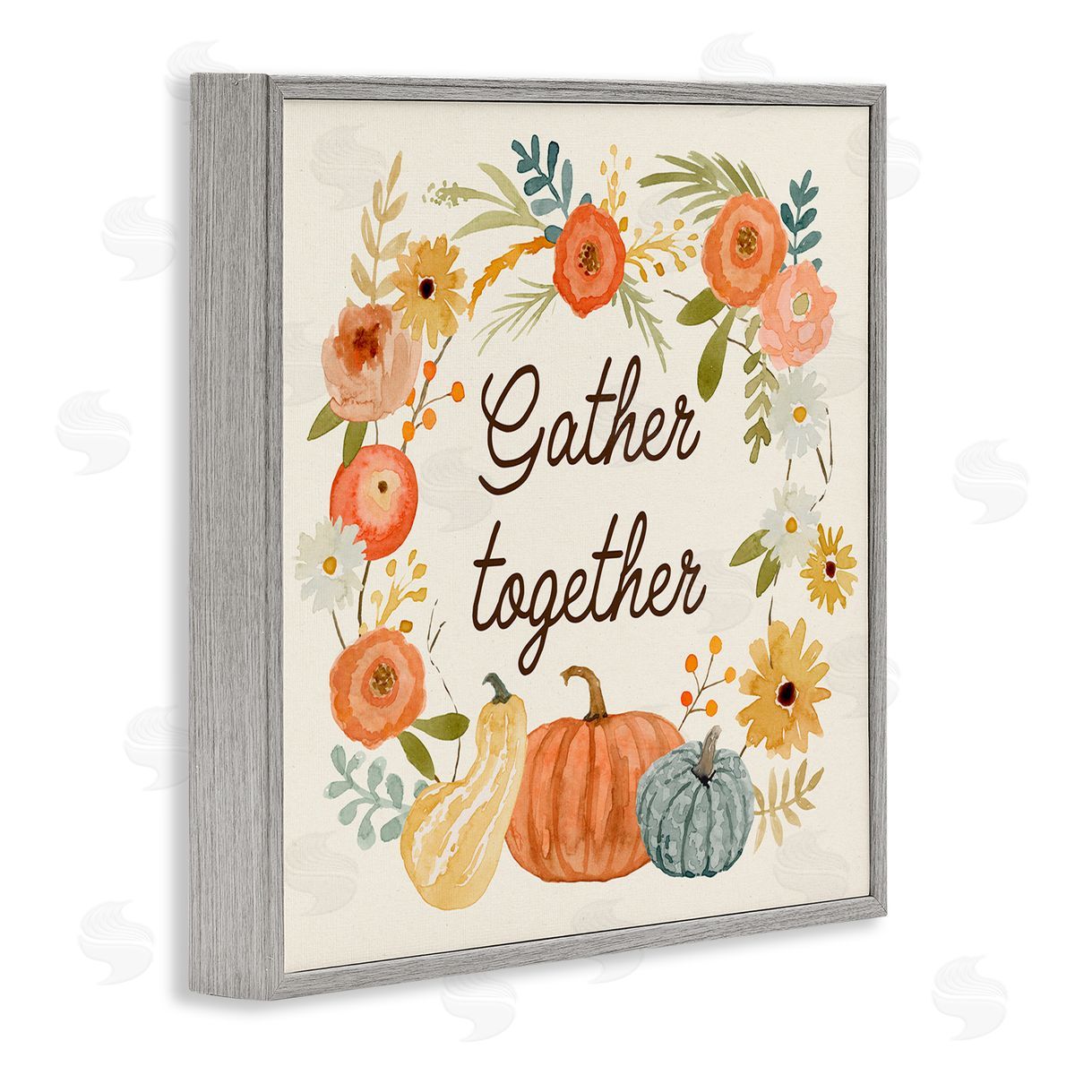 Victoria Barnes Gather Together Phrase Orange Floral Wreath Pumpkin Gourd Gray Framed Glicee Wall Art Print
