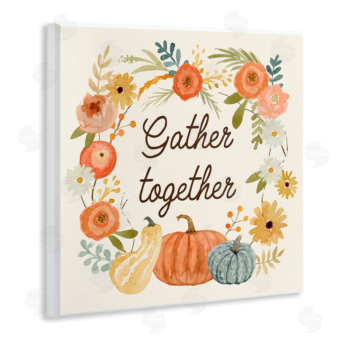 Victoria Barnes Gather Together Phrase Orange Floral Wreath Pumpkin Gourd Wooden Wall Plaque Art Print