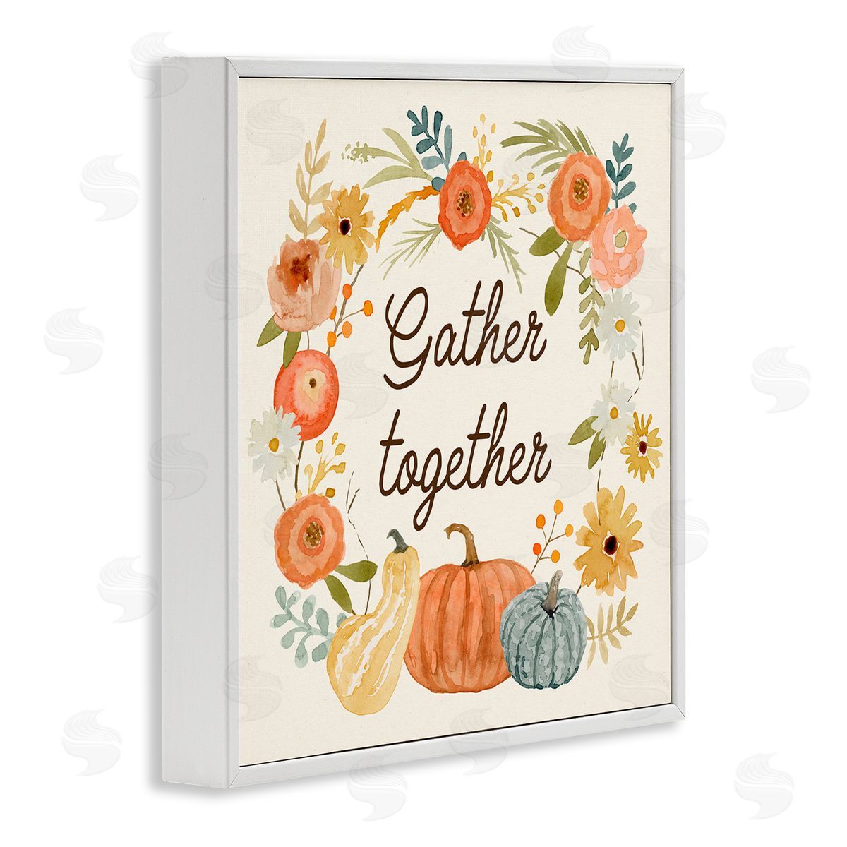 Victoria Barnes Gather Together Phrase Orange Floral Wreath Pumpkin Gourd White Framed Glicee Wall Art Print