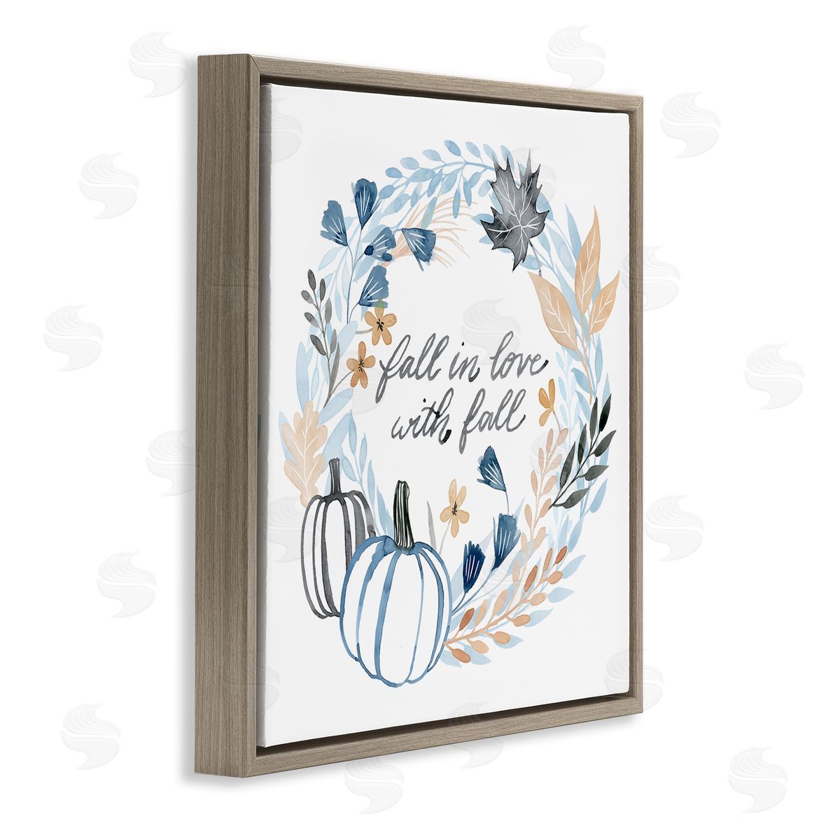 Grace Popp In Love with Fall Blue Autumn Foliage Wreath  Brown Floating Frame Canvas Wall Art Print