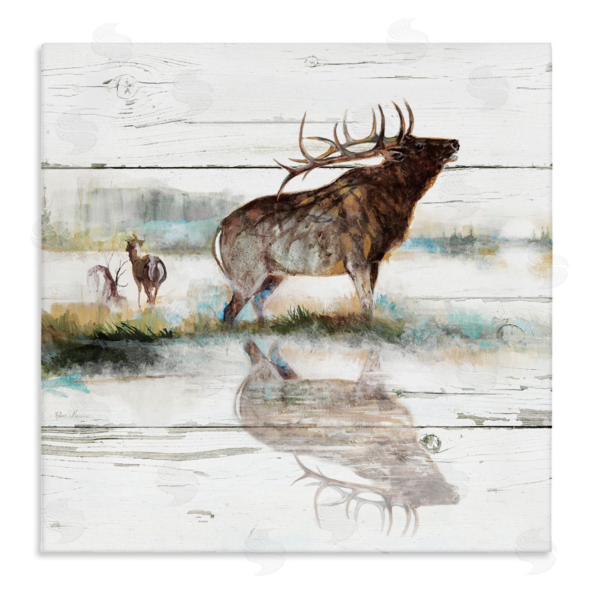 Ruane Manning Elk and Wild Deer Forest Animal Watering Hole Stretched Canvas Wall Art Print