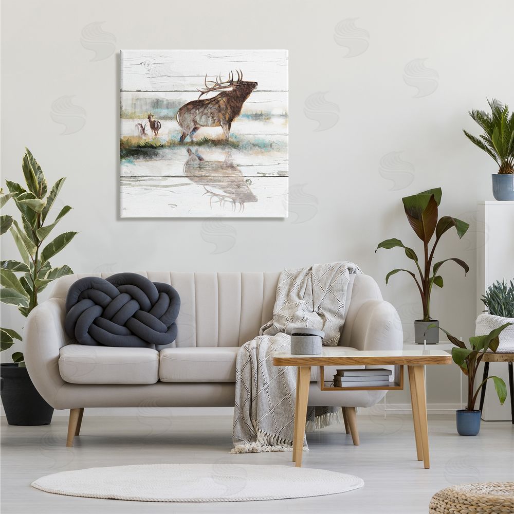 Ruane Manning Elk and Wild Deer Forest Animal Watering Hole Canvas Wall Art in Room