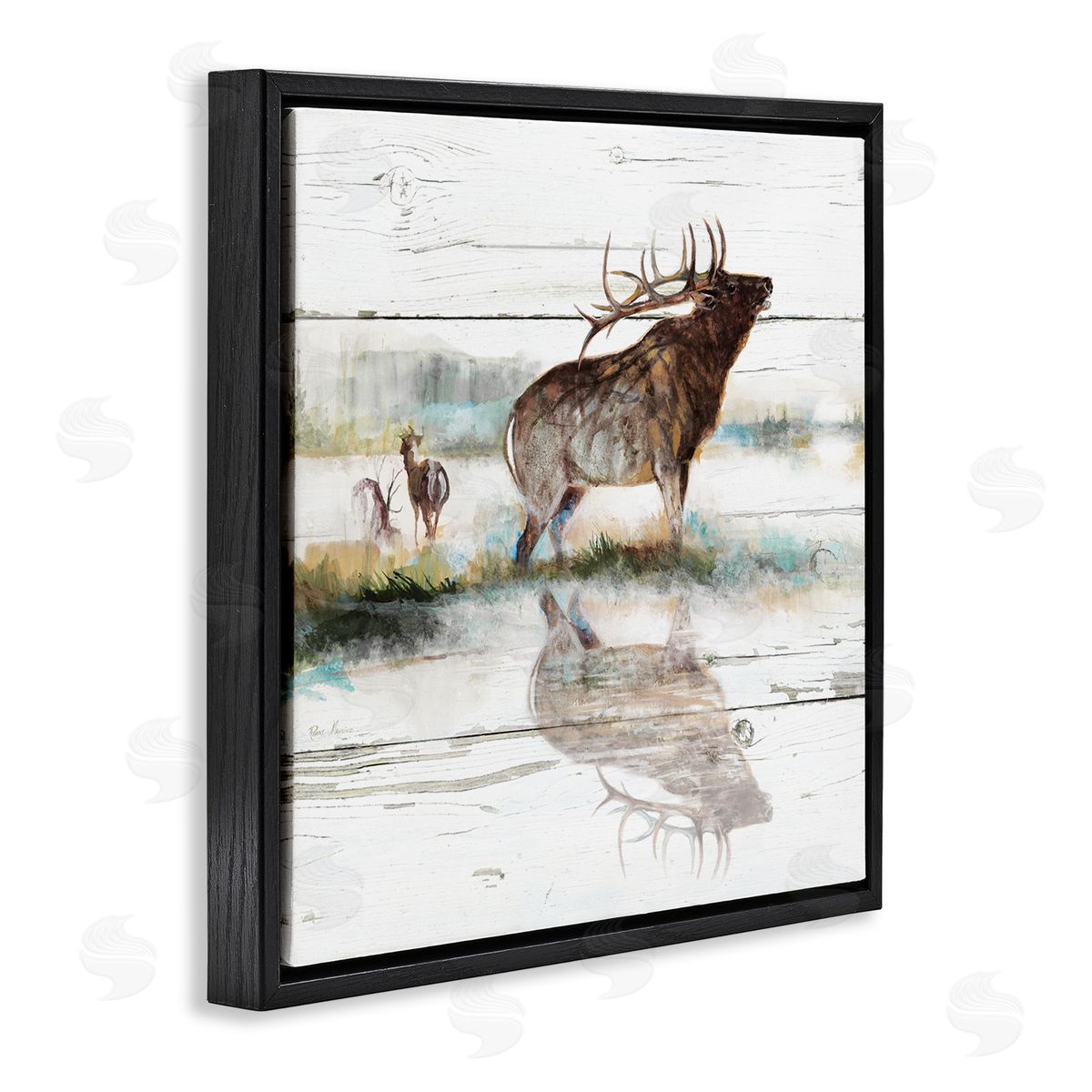 Ruane Manning Elk and Wild Deer Forest Animal Watering Hole Black Floating Frame Canvas Wall Art Print