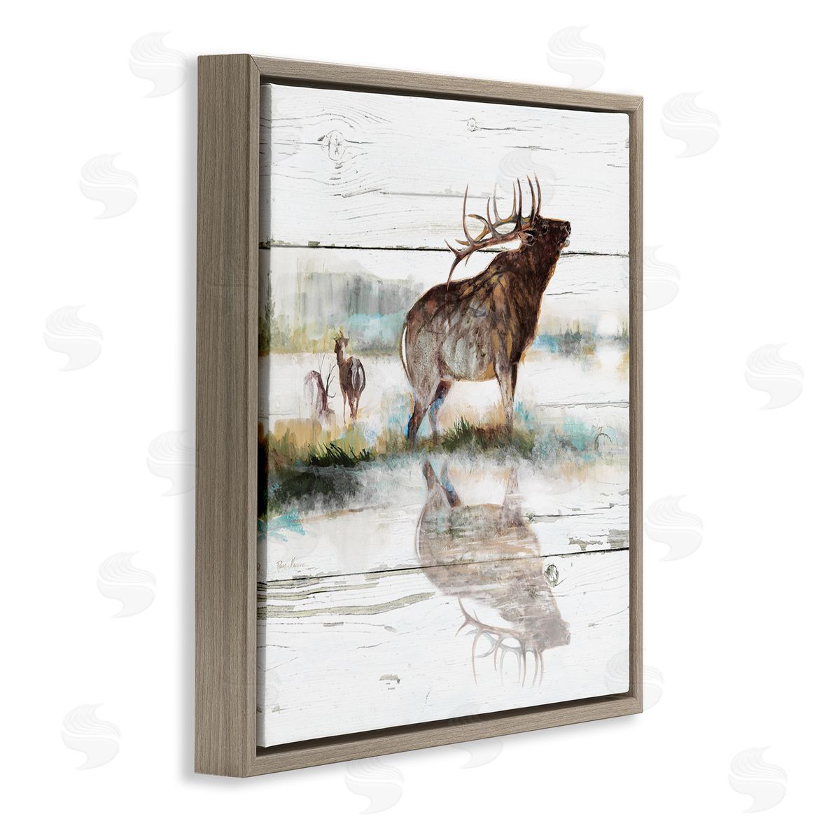 Ruane Manning Elk and Wild Deer Forest Animal Watering Hole Brown Floating Frame Canvas Wall Art Print
