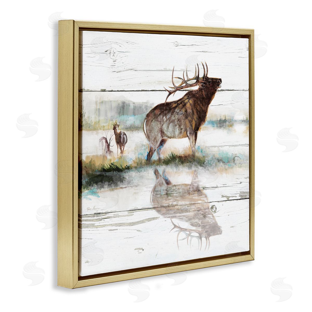 Ruane Manning Elk and Wild Deer Forest Animal Watering Hole Gold Floating Frame Canvas Wall Art Print