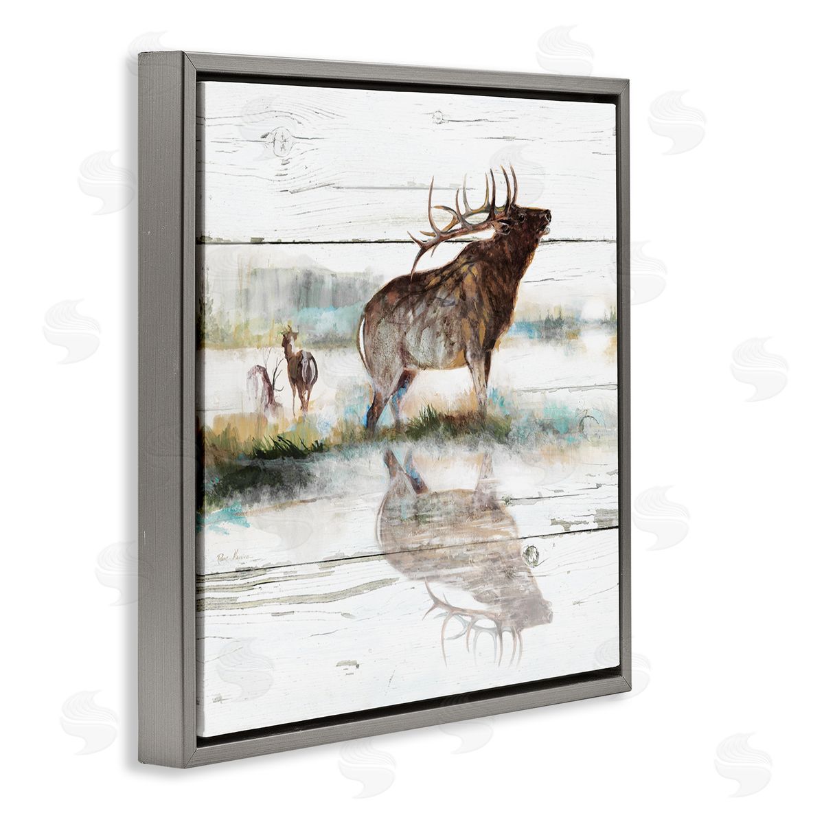 Ruane Manning Elk and Wild Deer Forest Animal Watering Hole Gray Floating Frame Canvas Wall Art Print