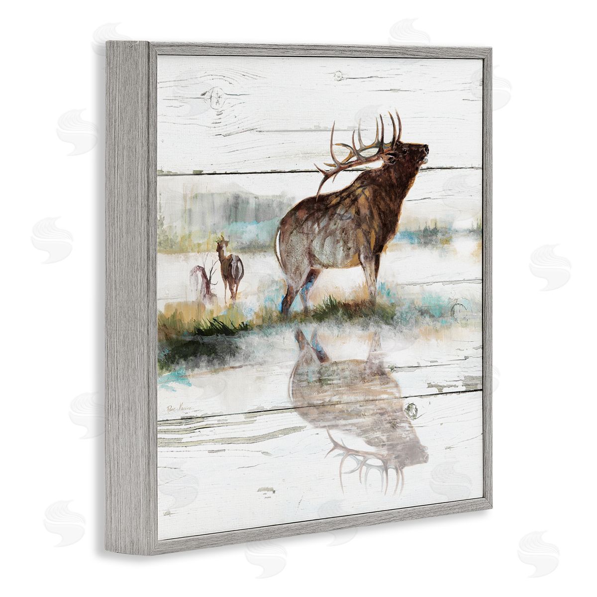 Ruane Manning Elk and Wild Deer Forest Animal Watering Hole Gray Framed Glicee Wall Art Print