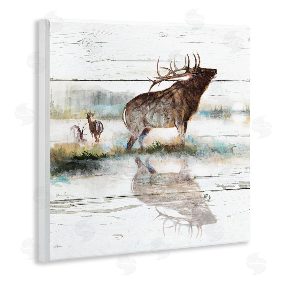 Ruane Manning Elk and Wild Deer Forest Animal Watering Hole Wooden Wall Plaque Art Print