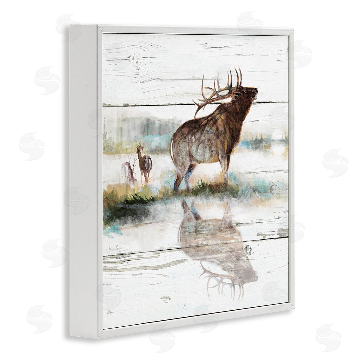 Ruane Manning Elk and Wild Deer Forest Animal Watering Hole White Framed Glicee Wall Art Print