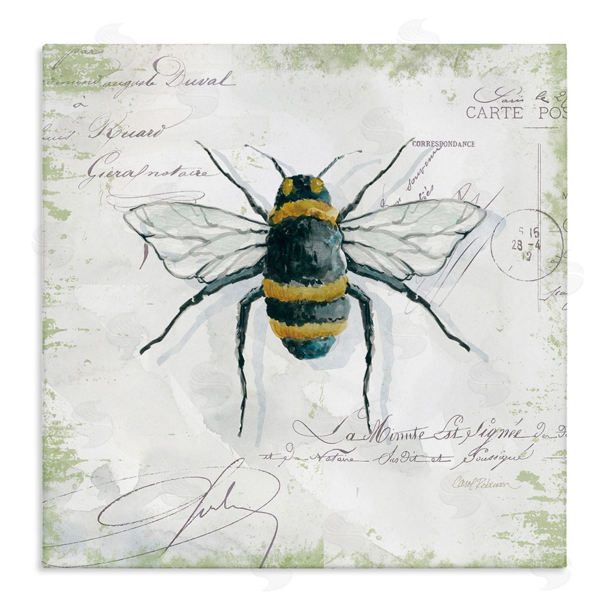 Carol Robinson Quaint Honey Bee Insect over Vintage Postal Card Stretched Canvas Wall Art Print