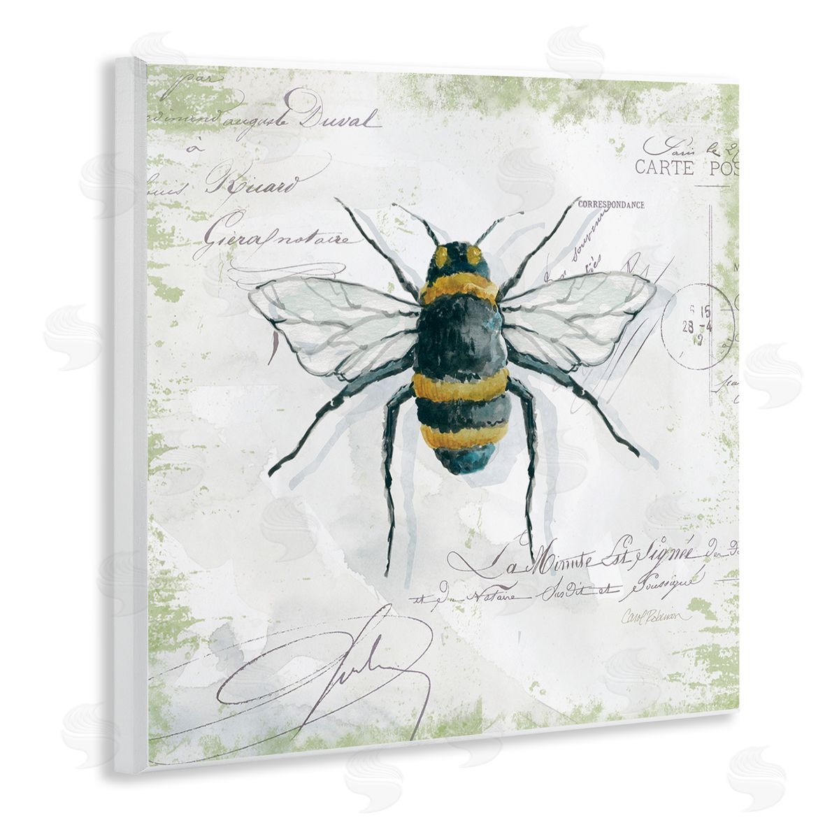 Carol Robinson Quaint Honey Bee Insect over Vintage Postal Card Wooden Wall Plaque Art Print