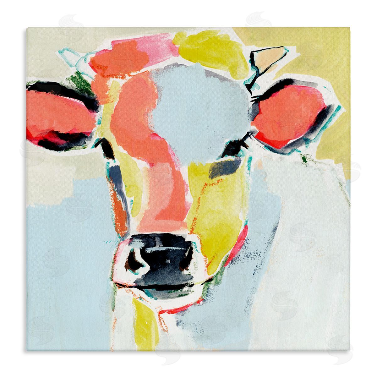 Victoria Barnes Pastel Collage Cow Whimsical Abstract Farm Animal Stretched Canvas Wall Art Print