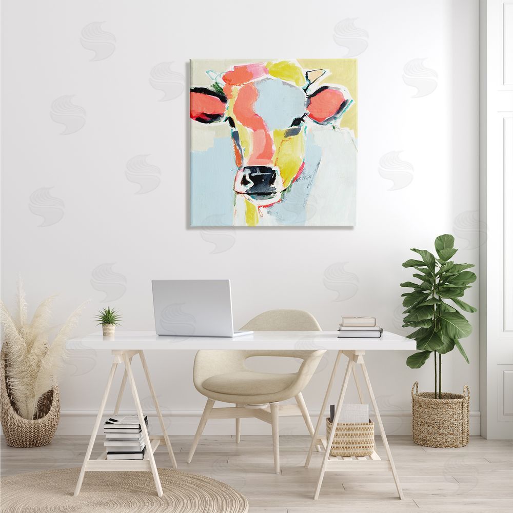 Victoria Barnes Pastel Collage Cow Whimsical Abstract Farm Animal Canvas Wall Art in Room