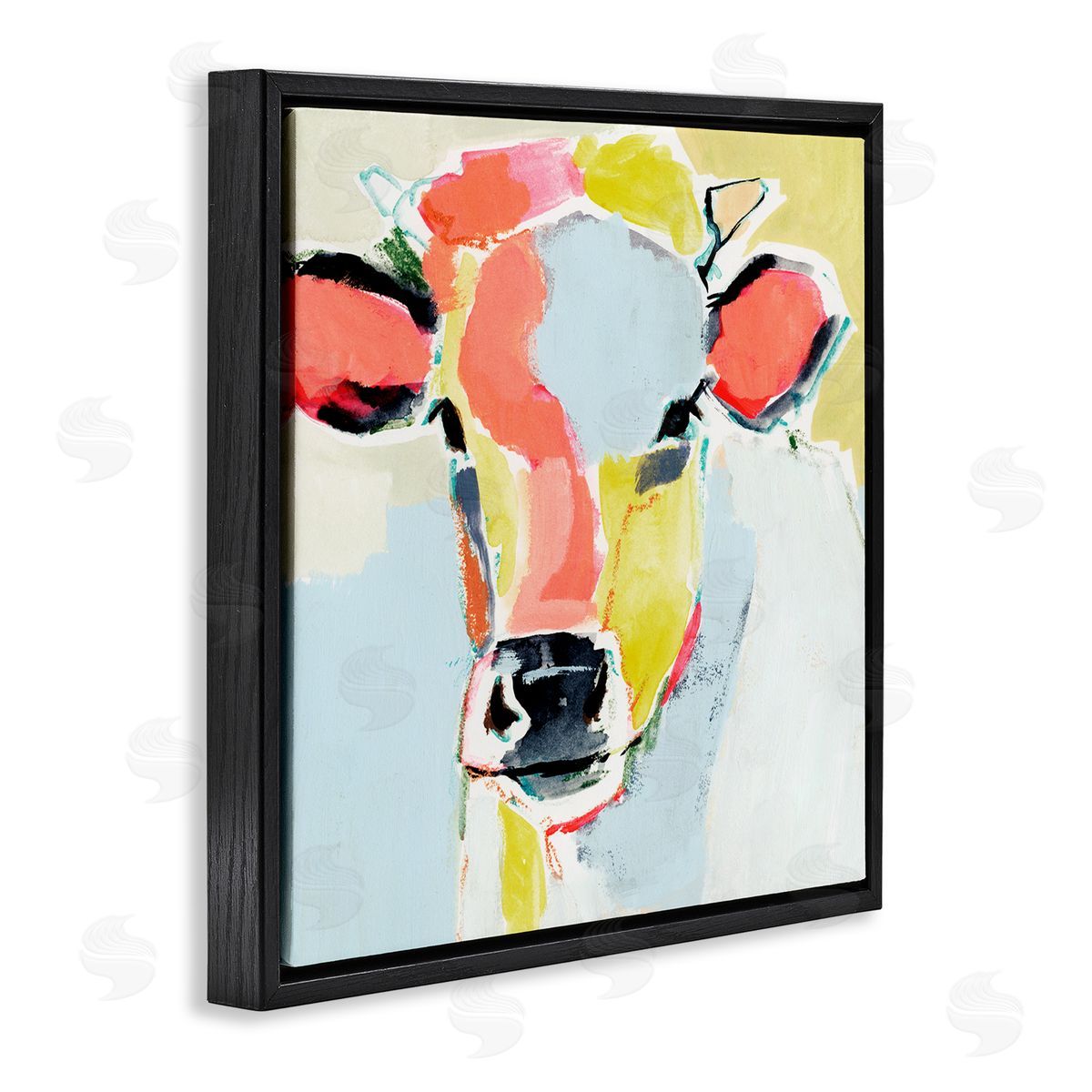 Victoria Barnes Pastel Collage Cow Whimsical Abstract Farm Animal Black Floating Frame Canvas Wall Art Print