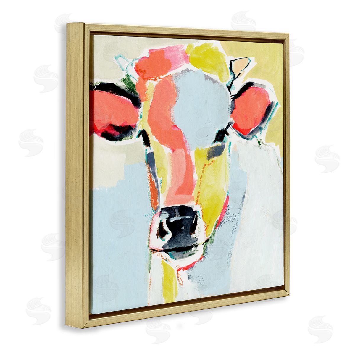 Victoria Barnes Pastel Collage Cow Whimsical Abstract Farm Animal Gold Floating Frame Canvas Wall Art Print