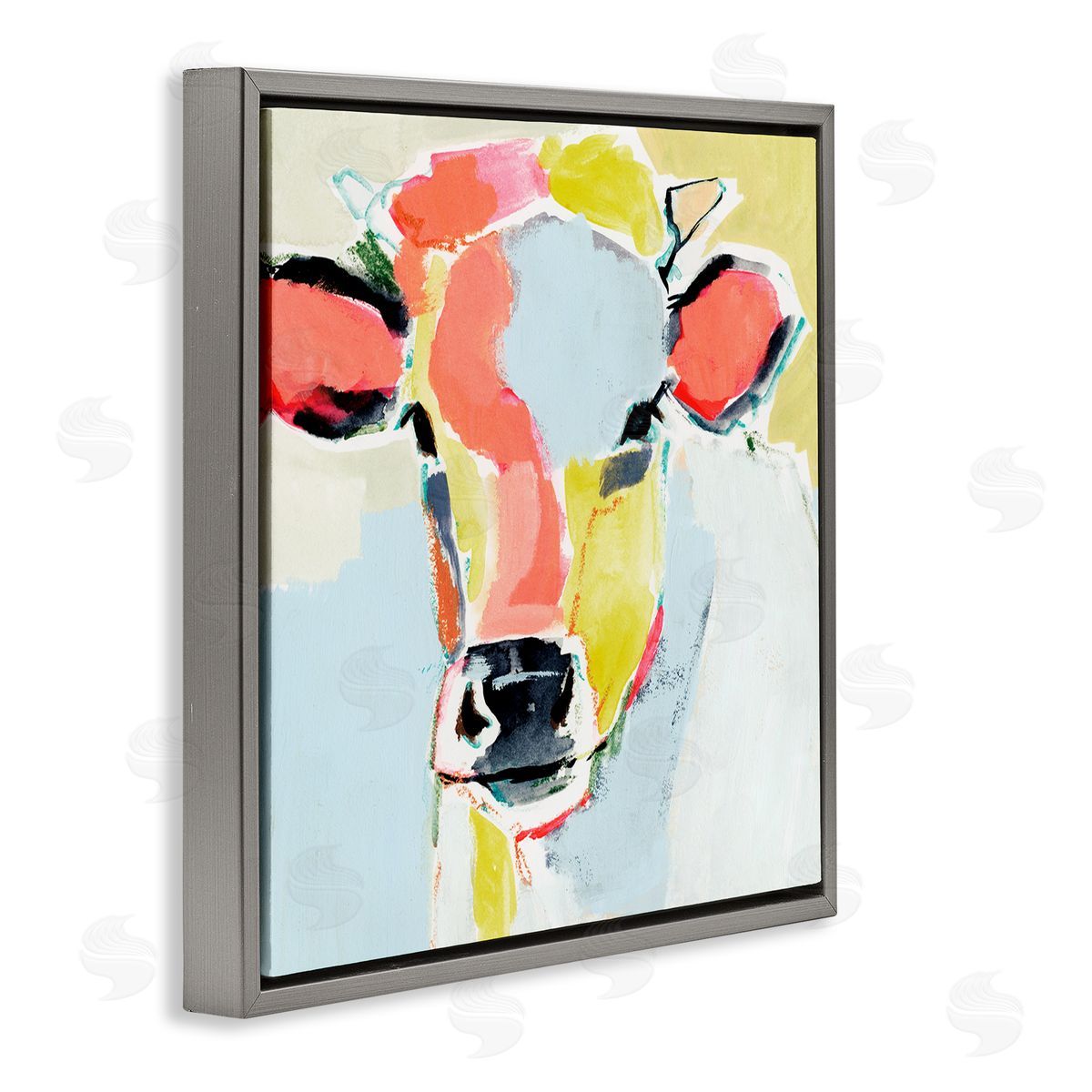 Victoria Barnes Pastel Collage Cow Whimsical Abstract Farm Animal Gray Floating Frame Canvas Wall Art Print