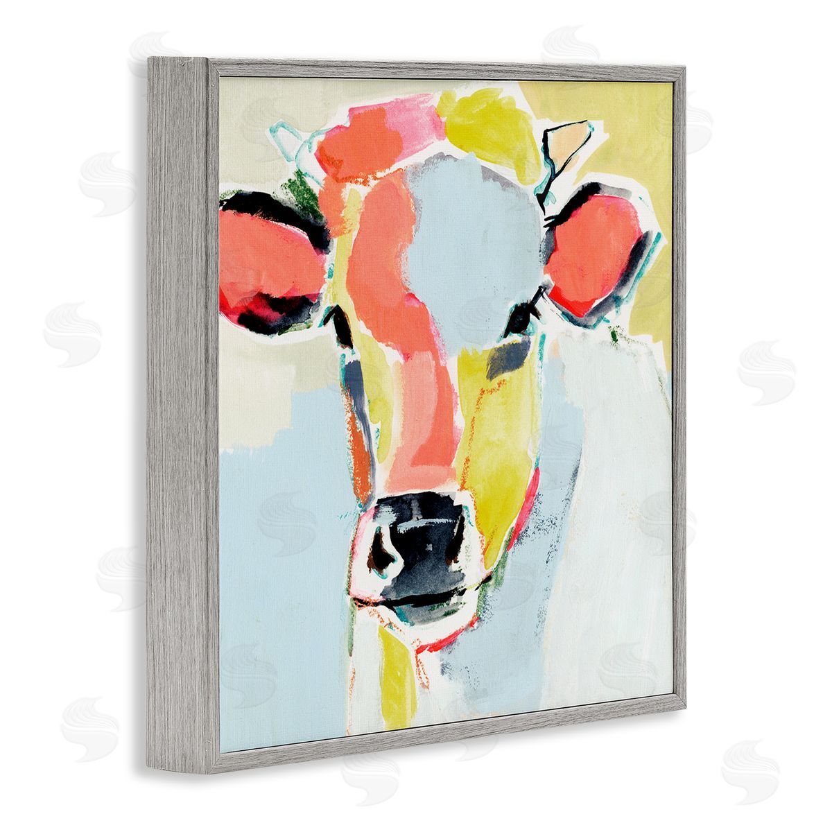 Victoria Barnes Pastel Collage Cow Whimsical Abstract Farm Animal Gray Framed Glicee Wall Art Print