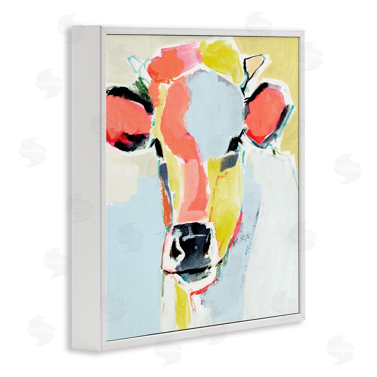 Victoria Barnes Pastel Collage Cow Whimsical Abstract Farm Animal White Framed Glicee Wall Art Print