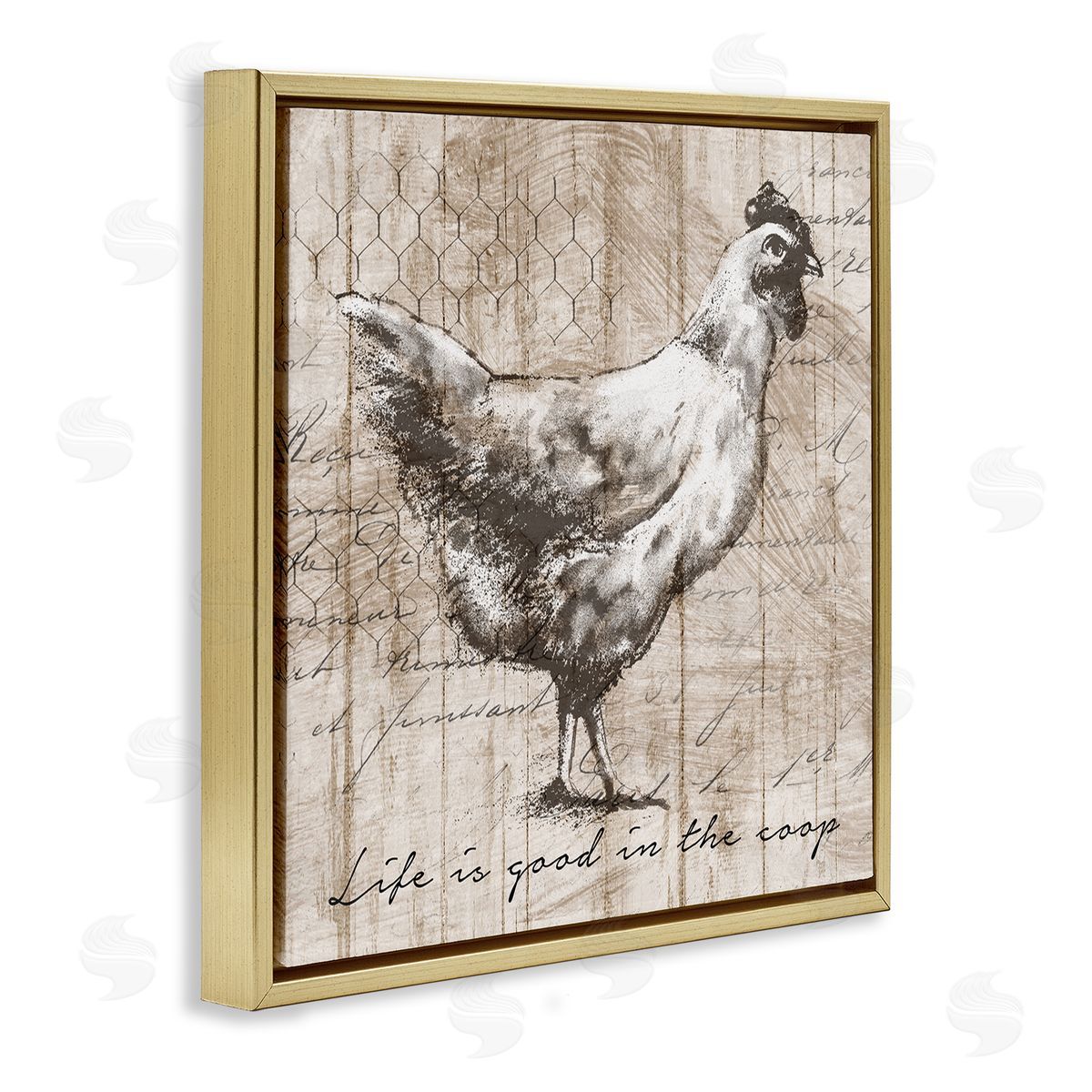 Conrad Knutsen Life's Good In Coop Vintage Text Farm Chicken  Gold Floating Frame Canvas Wall Art Print