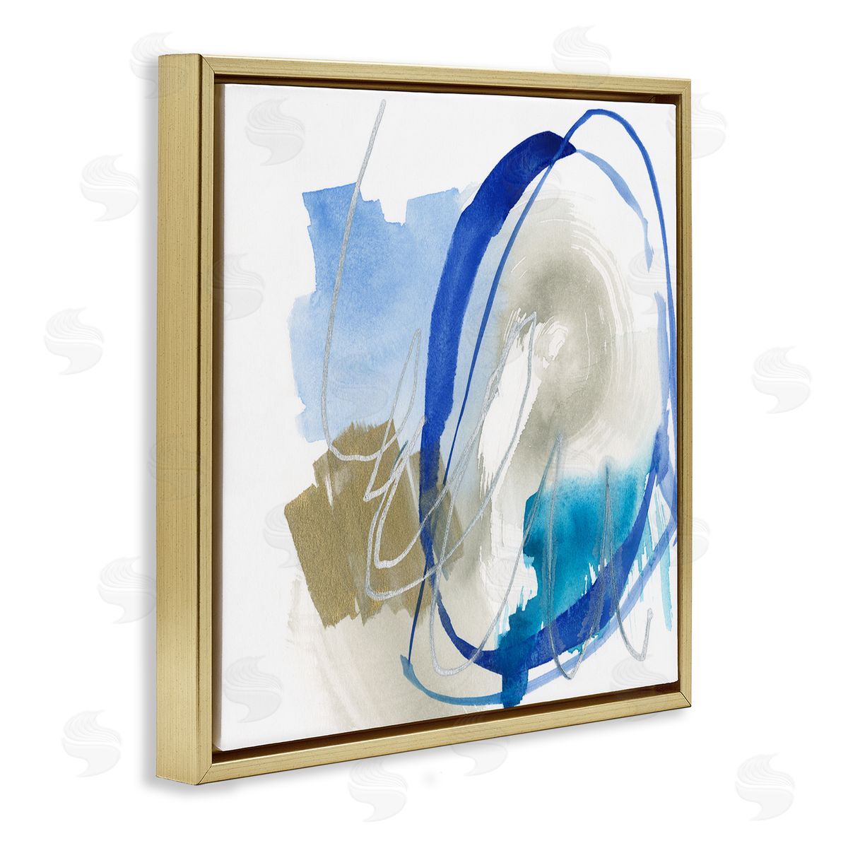 Jennifer Goldberger Circular Abstraction Chaotic Rigid Lines Blue Brown Gold Floating Frame Canvas Wall Art Print