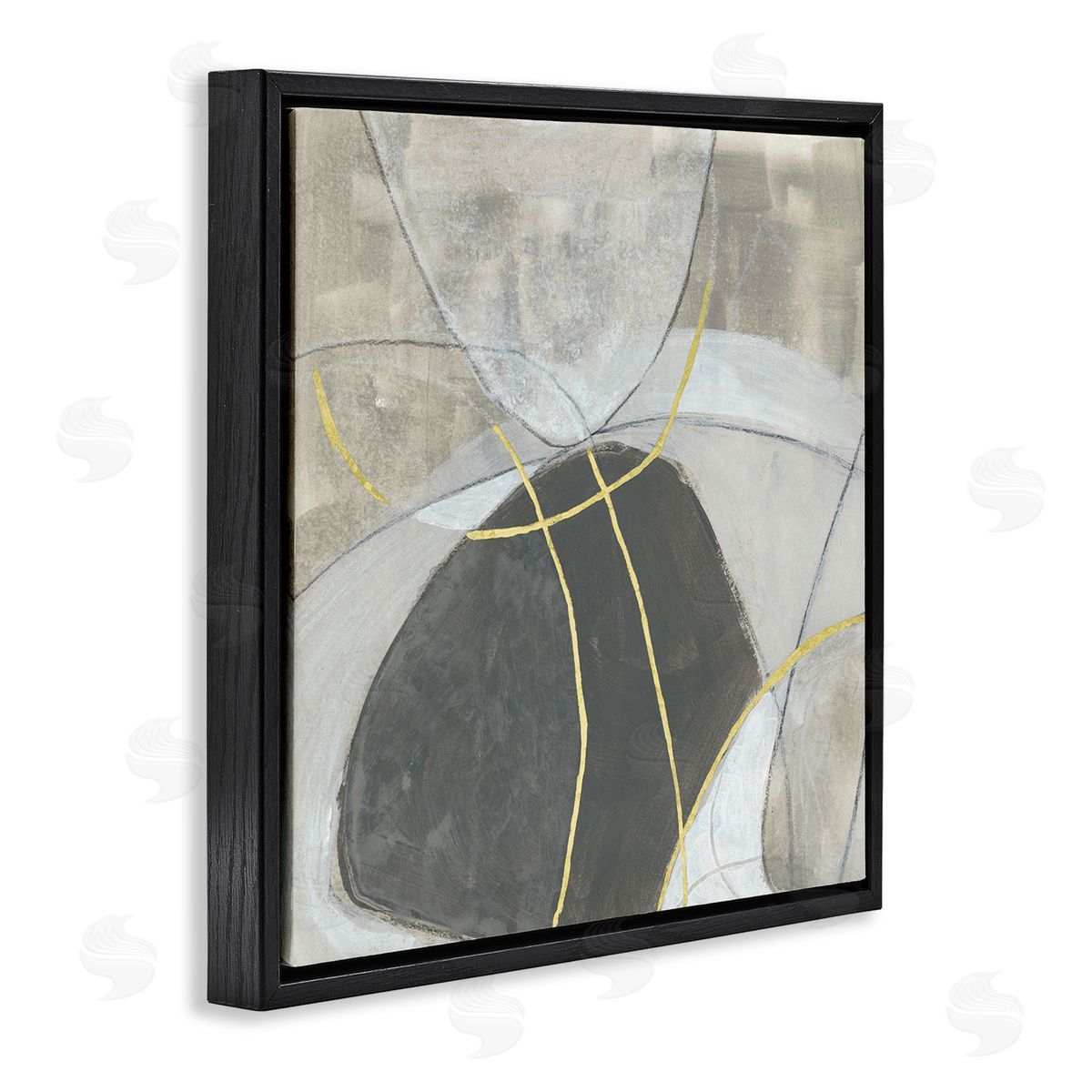June Erica Vess Neutral Circular Line Abstraction Soft Layered Stones Black Floating Frame Canvas Wall Art Print