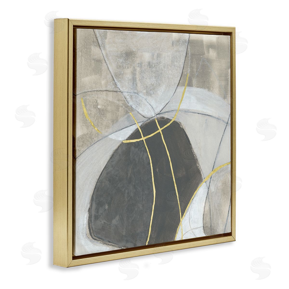 June Erica Vess Neutral Circular Line Abstraction Soft Layered Stones Gold Floating Frame Canvas Wall Art Print
