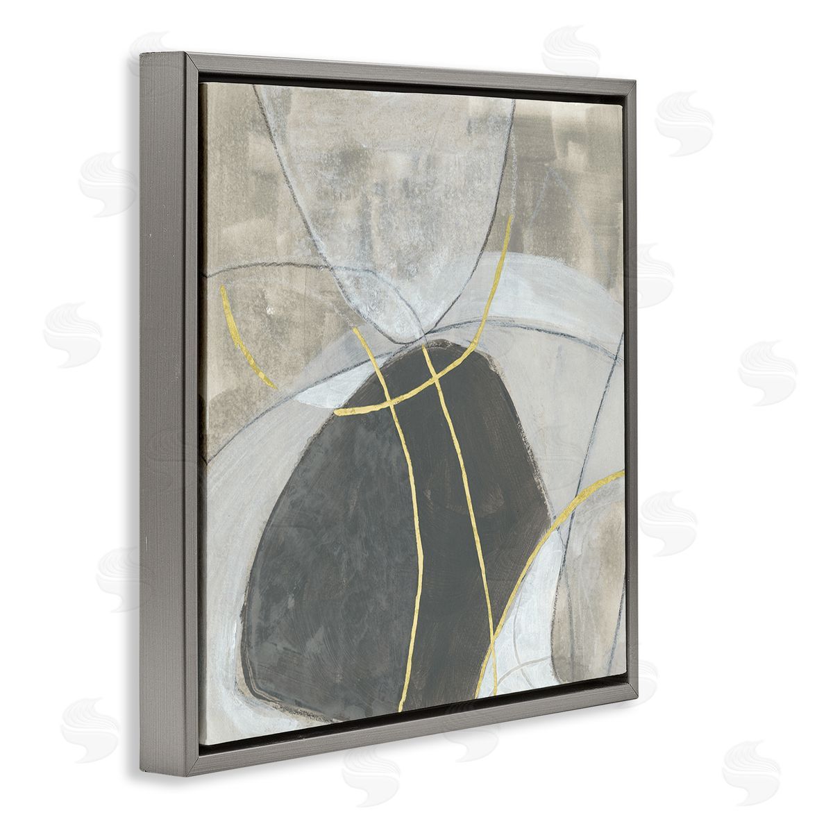 June Erica Vess Neutral Circular Line Abstraction Soft Layered Stones Gray Floating Frame Canvas Wall Art Print
