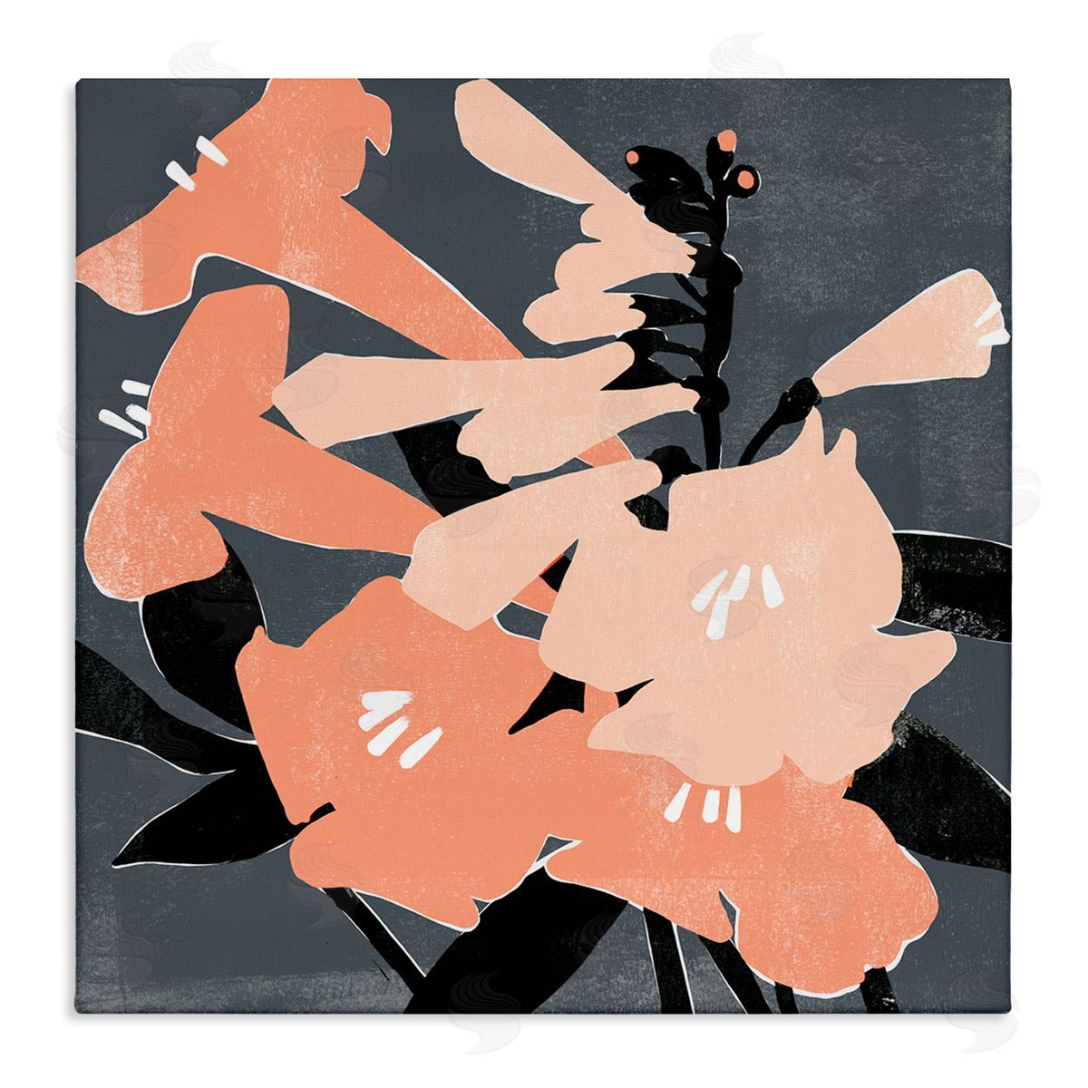 Emma Scarvey Pink Pop Lilies over Dark Grey Neutral Branches Stretched Canvas Wall Art Print