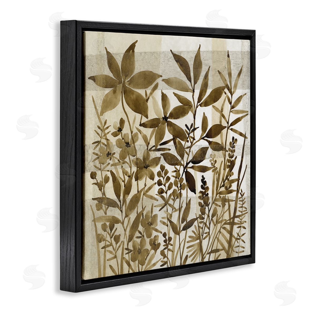 Tim O'Toole Vintage Wildflower Field Abstraction Brown Tan Plaid Black Floating Frame Canvas Wall Art Print