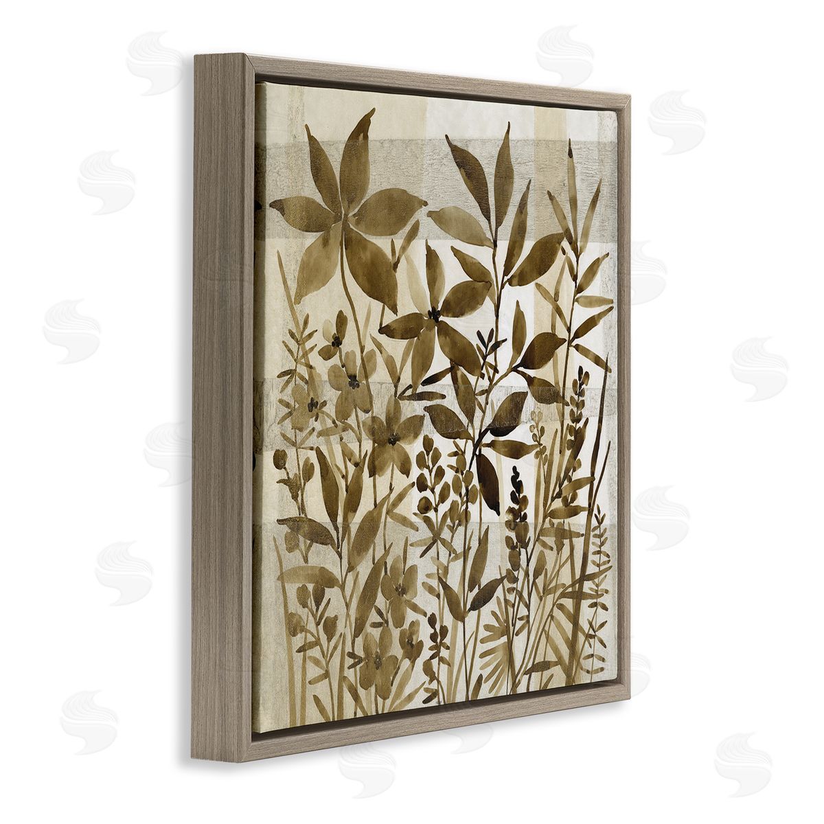 Tim O'Toole Vintage Wildflower Field Abstraction Brown Tan Plaid Brown Floating Frame Canvas Wall Art Print