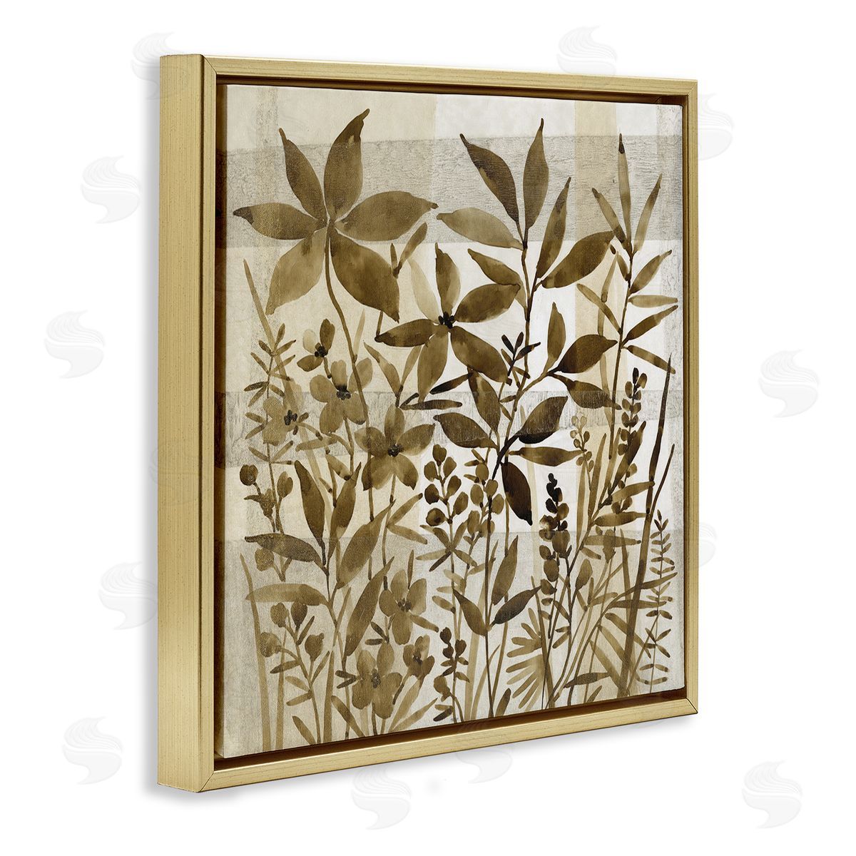 Tim O'Toole Vintage Wildflower Field Abstraction Brown Tan Plaid Gold Floating Frame Canvas Wall Art Print