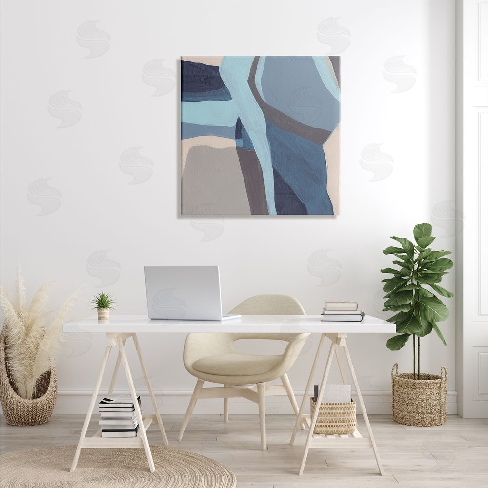 June Erica Vess Coastal Stream Abstraction Geometric Shape Arrangement Blue Grey Canvas Wall Art in Room
