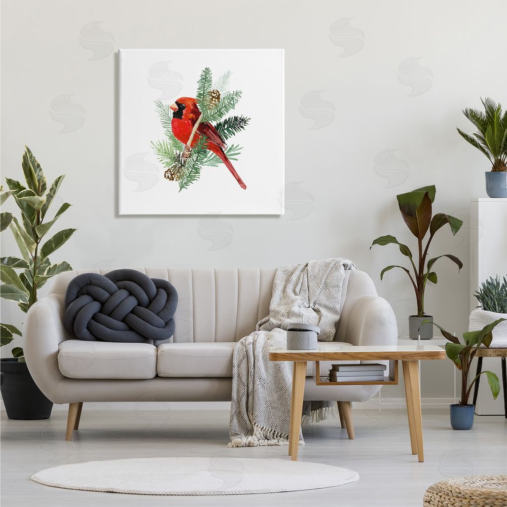 Victoria Barnes Red Cardinal Pine Branch Minimal Bird Portrait Canvas Wall Art in Room