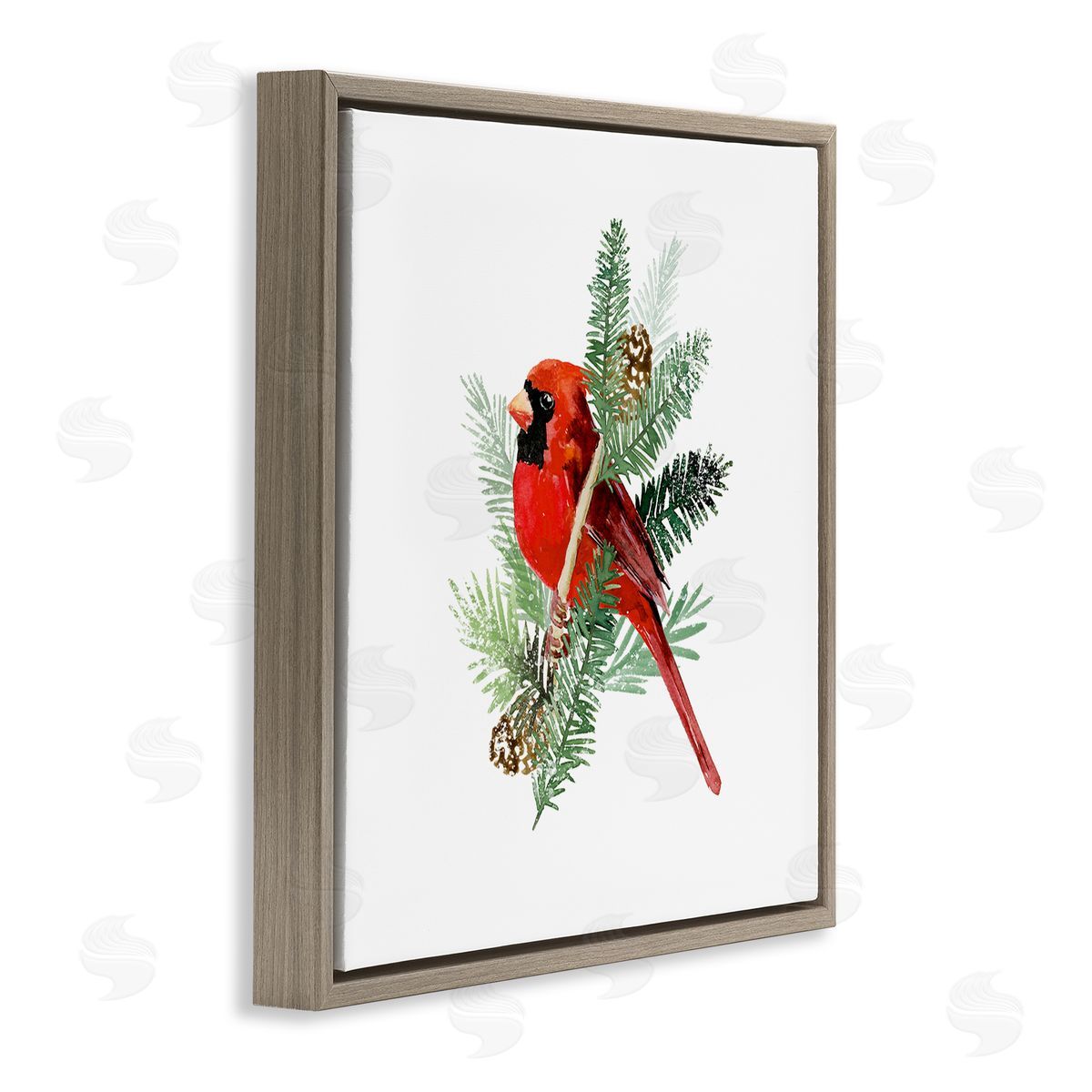 Victoria Barnes Red Cardinal Pine Branch Minimal Bird Portrait Brown Floating Frame Canvas Wall Art Print