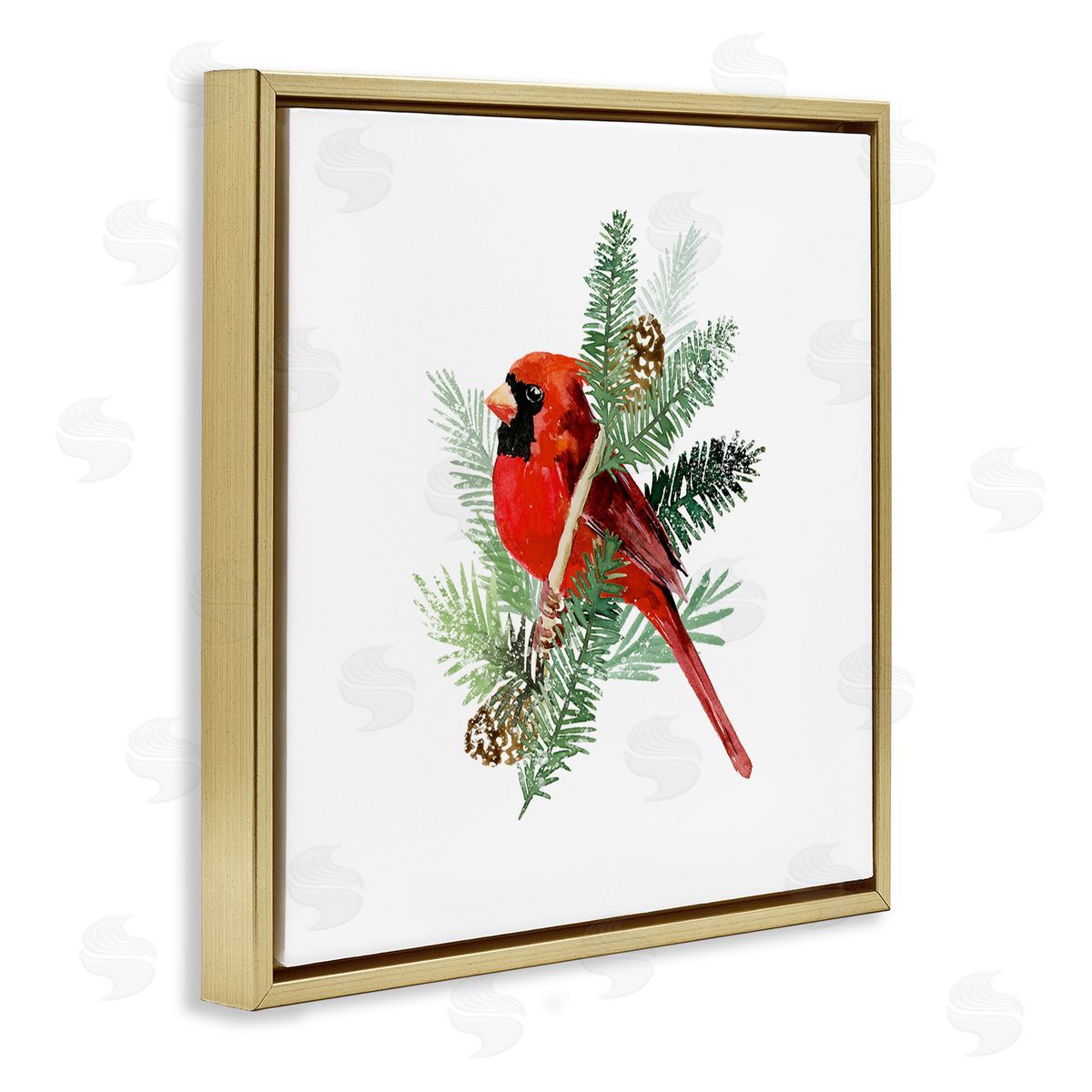 Victoria Barnes Red Cardinal Pine Branch Minimal Bird Portrait Gold Floating Frame Canvas Wall Art Print