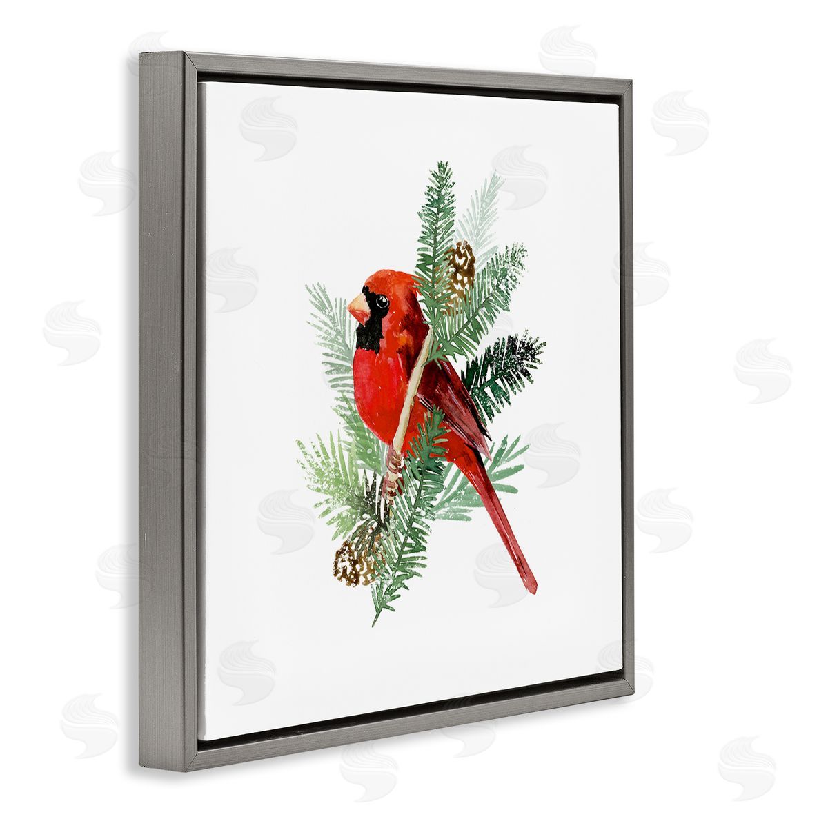 Victoria Barnes Red Cardinal Pine Branch Minimal Bird Portrait Gray Floating Frame Canvas Wall Art Print
