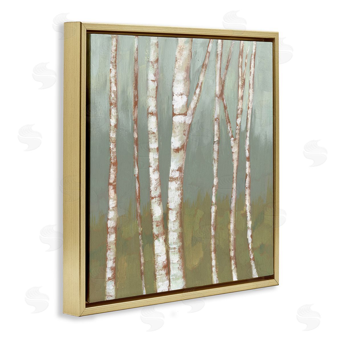 Jennifer Goldberger Contemporary Birch Tree Bark Soft Green Forest Landscape Gold Floating Frame Canvas Wall Art Print