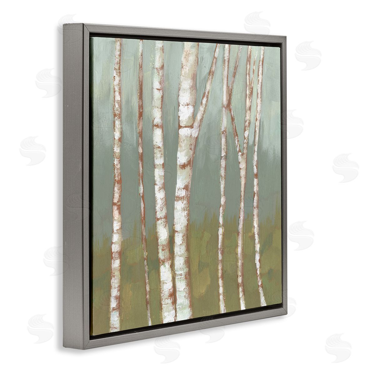 Jennifer Goldberger Contemporary Birch Tree Bark Soft Green Forest Landscape Gray Floating Frame Canvas Wall Art Print