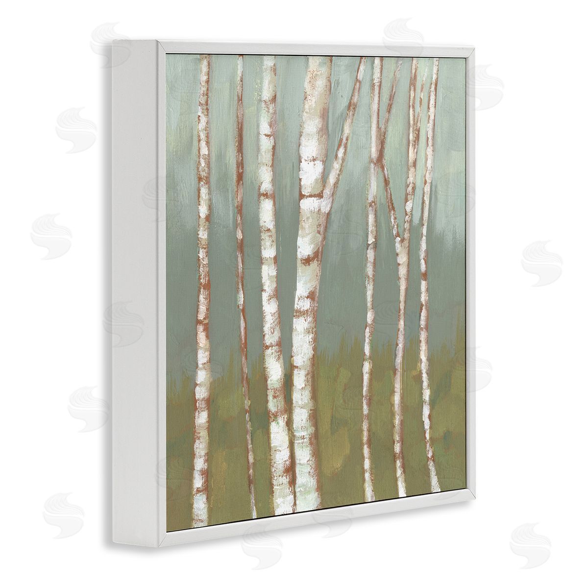 Jennifer Goldberger Contemporary Birch Tree Bark Soft Green Forest Landscape White Framed Glicee Wall Art Print